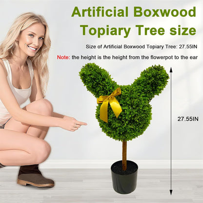 2 Pcs Artificial Bunny Shaped Topiary Trees, Artificial Green Boxwood Bunny Decorations with Gold Bow, Perfect for Indoor & Outdoor Front Porch, Easter& Garden Decor (Bunny Shaped Topiary Tree)