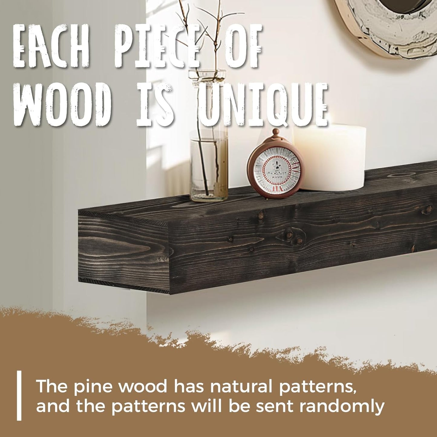 56x8x3 Fireplace Mantel - Handcrafted Hollow Rustic Solid Wood Wall Mounted Floating Shelf with Invisible Heavy Duty Wood Bracket (Weathered Black)