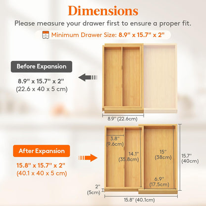Lifewit Utensil Drawer Organizer, Expendable Cooking Silverware Tray for Kitchen Drawer, Bamboo Adjustable Cutlery Flatware Holder, Spatula Tools and Gadgets Storage Divider, 3 Compartments, Natural