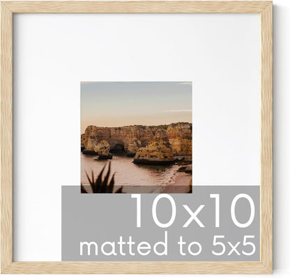 HAUS AND HUES Solid Oak 10”x10” Picture Frame Matted to 5”x5” - 10x10 Wood Frame for Wall, Square Frame with Mat, 10x10 Art Frame, 10x10 Square Photo Frame, Natural Wood Frames (Beige Oak Frame)