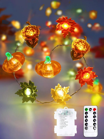 Fall Decorations 3D Pumpkin Acorn Maple Leaf Fairy Lights Battery Operated with Remote, 10FT 30 LED String Lights Outdoor & Indoor, Waterproof 8 Modes for Garland Harvest Thanksgiving Halloween Decor