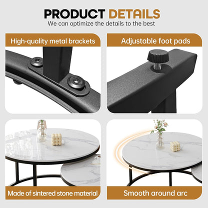 ZL ZELing White Nesting Coffee Table Set of 2, 27'' Round Coffee Table Sintered Stone Top & Metal Frame, End Tables Center Table for Living Room, Small Space