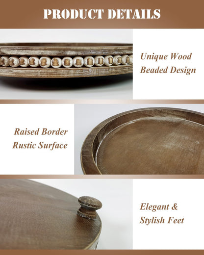 12 Inches Rustic Wooden Decorative Tray, Small Round Beaded Wood Tray for Kitchen Dinning Table Centerpiece Decor Entryway Living Room Home Decor, Brown