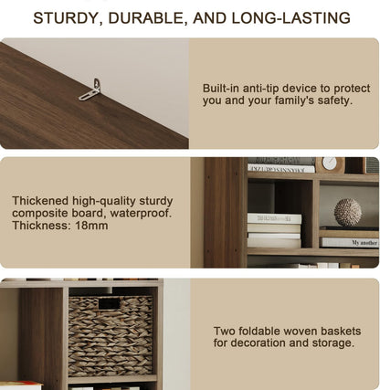 71” Tall Wooden Bookcase 6-Tier Large Bookshelves with 2 Woven Baskets, 55" Wide Floor Standing Wood Display Organizer Shelves for Living Room（Brown）