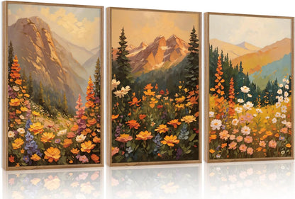 Aurlan Boho Mountain Sunset Landscape Framed Wall Art(16"x24"), 3PCS Large Wildflowers Meadow Canvas Artwork, Colorful Abstract Watercolor Nature Forest Scenery Decor for Home Office Bedroom