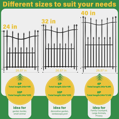 10 Panels No Dig Decorative Garden Fence, 24in(H)×22ft(L) Heavy-Duty Rustproof Metal Panels, Outdoor Dog Barrier for Yard & Patio, Landscape, Border| Portable Temporary Fencing