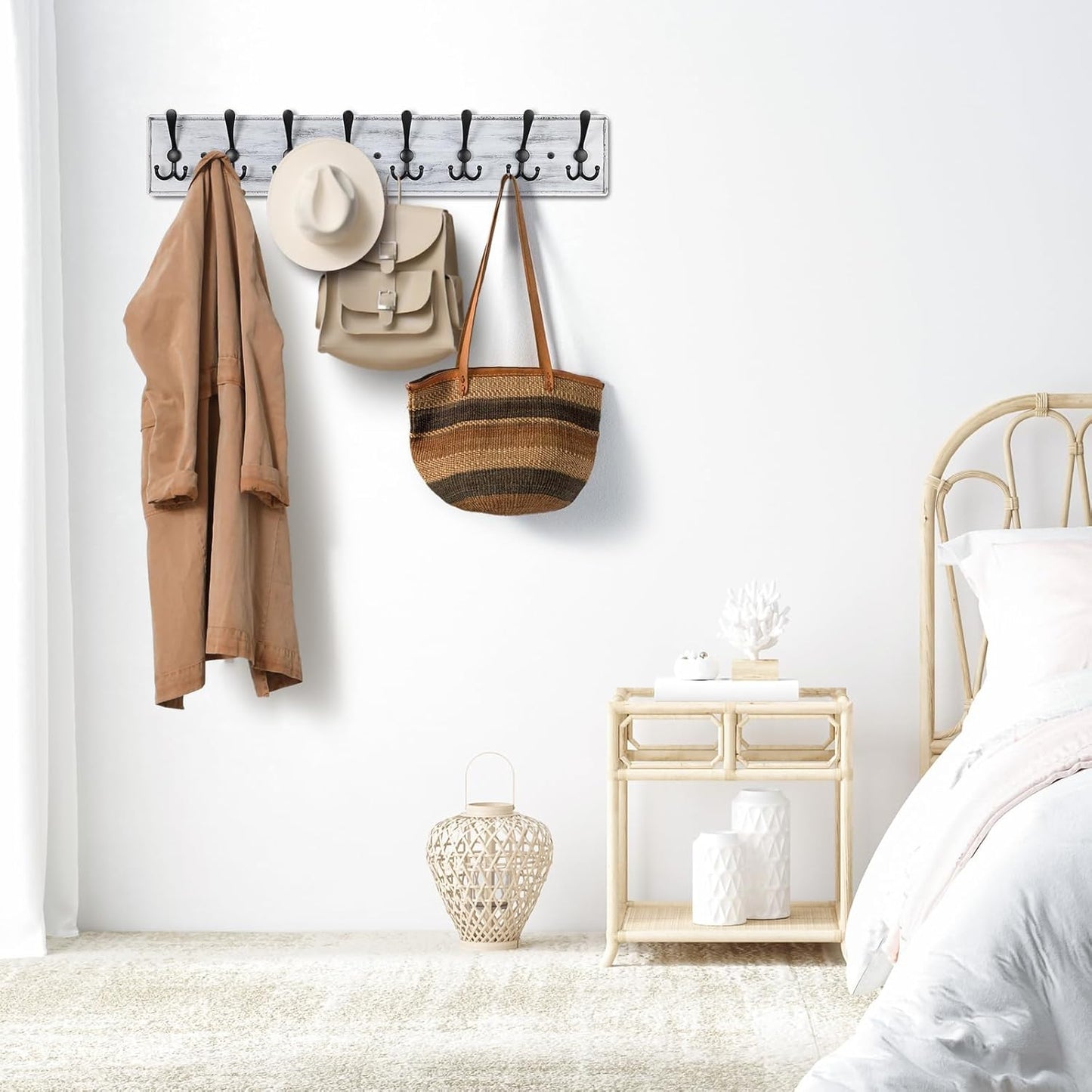 Coat Rack Wall Mount, Wooden Heavy Duty Coat Rack for Wall,8 Triple Coat Hanger Hooks for Hanging Coats,Jacket,Hat,Clothes (Grey White, 8 Hooks)