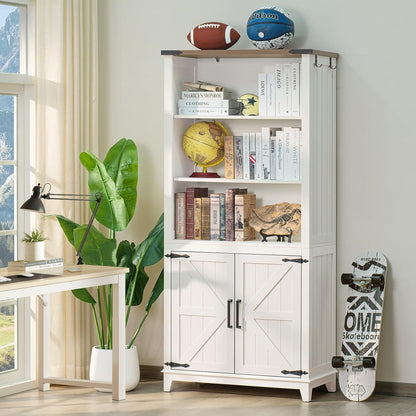 70in Tall Bookshelf 5 Tier Bookcase with Barn Doors and Storage Cabinet, White Farmhouse Book Shelf with Adjustable Shelves, Wood Freestanding Display Bookshelves for Bedroom, Kitchen (3PCS)