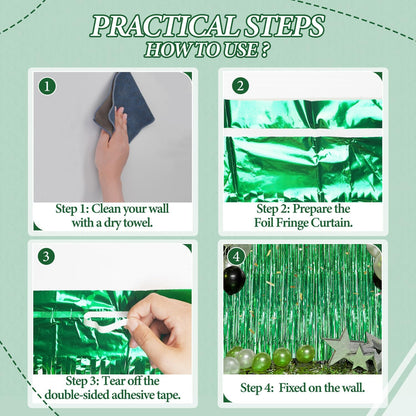 3 Pack Foil Fringe Backdrop - Green Shiny Tinsel Curtains for Party Decoration/Photo Booth Props - 3.3x8.2 FT Metallic Foil Backdrop for Birthday, Wedding, Graduation, Christmas.