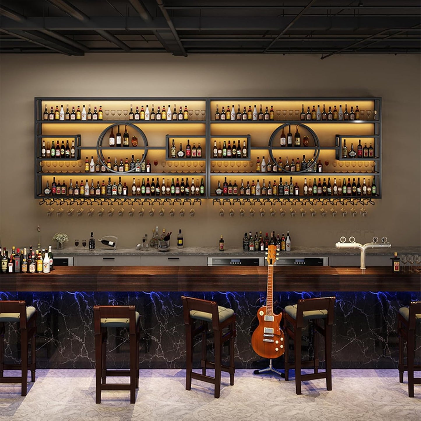 63in Wall Mounted Wine Rack, Modern Metal Wine Bottle and Glass Holder, Iron Display Stand Decorative Wine Rack, for Bar Living Room Dining Room Background (Black, 62.99 * 8 * 51INCH)