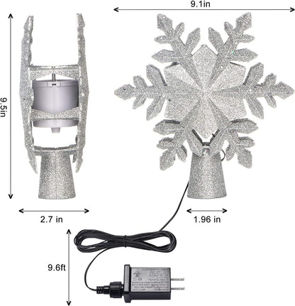Snowflake Christmas Tree Toppers Lighted, with LED Rotating Snowflake Projector Lights for Indoor Outdoor Christmas Tree Decorations (Silver)