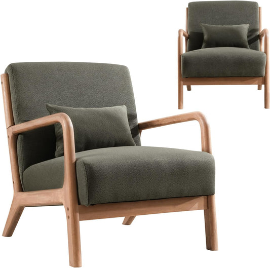 INZOY Mid-Century Modern Accent Chair Set of 2, Green Living Room Chairs with Waist Cushion, Upholstered Reading Armchair for Bedroom Sunroom