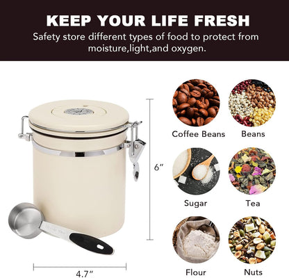ShanSon Coffee Canister Airtight Coffee Container Stainless Steel Coffee Bean Storage Container with Scoop Coffee Canister for Beans Grounds Sugar Flour Tea Cereal,16OZ, Beige
