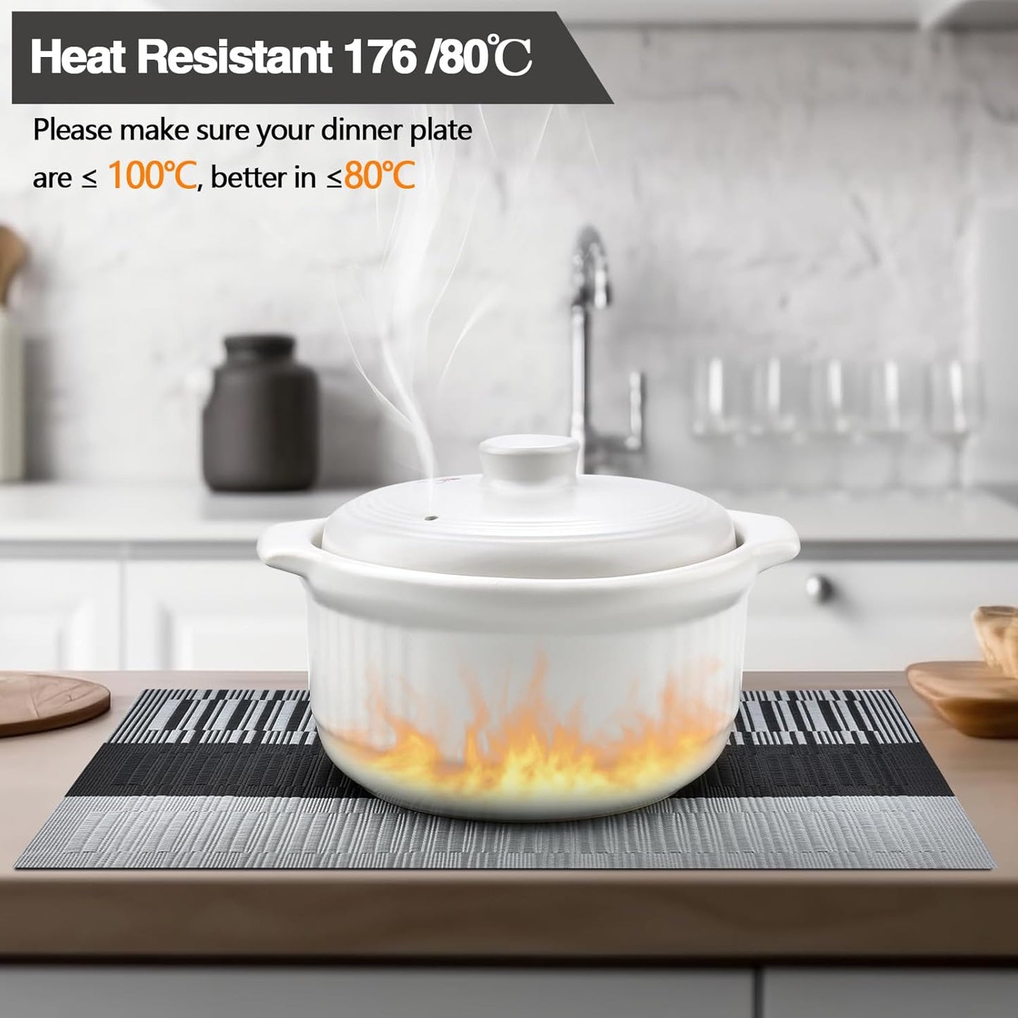 Placemats Set of 6 - Easy Clean Washable Vinyl Placemats - Heat Resistant PVC Place Mats for Dining Table (Black and Gray, 6)