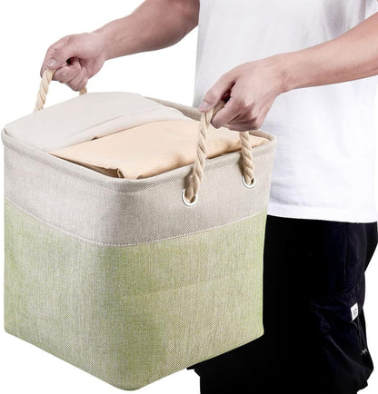 i BKGOO 3Pack Large Foldable Storage Bins，Collapsible Sturdy Cationic Fabric Organizing Storage Basket Cube with Cotton Handles for Home Office Shelf Clothes Toys Beige-Green 13×13×13 inch