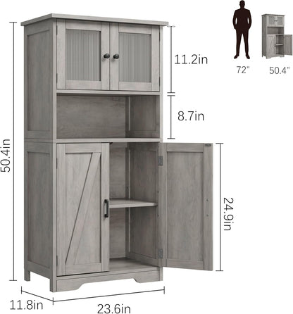 GarveeHome 54in Tall Bathroom Cabinet, Farmhouse Storage Cabinet with Glass Doors and Adjustable Shelves, Freestanding Kitchen Pantry Cabinets, Cupboard for Living Room, Dining Room, Gray