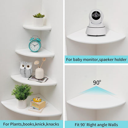 Corner Wall Shelves, White Floating Corner Shelf, Set of 2 16inch Solid Oak Wood Shelves, Round End Wall Mount Display Shelf with Wire Hole for Small Plant for Bedroom Kitchen, Living Room