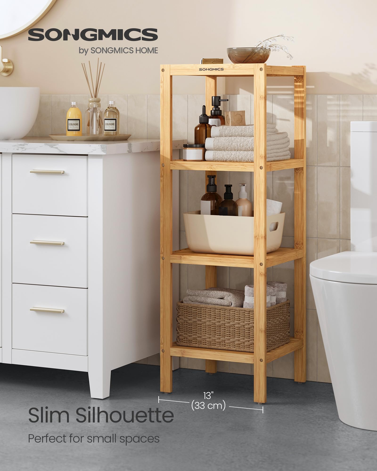 SONGMICS 4-Tier Bamboo Shelf, Narrow Bathroom Shelf, Standing Towel Rack, Corner Rack, for Kitchen