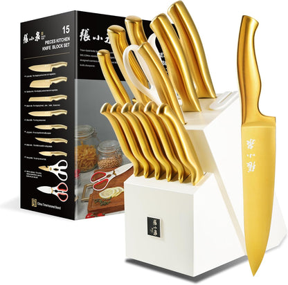 ZHANG XIAO QUAN SINCE 1628 15Pcs Knife Sets with Block, 50Cr15MoV Stainless Steel kitchen knife set with Built-in Sharpener Dishwasher Safe(Golden)