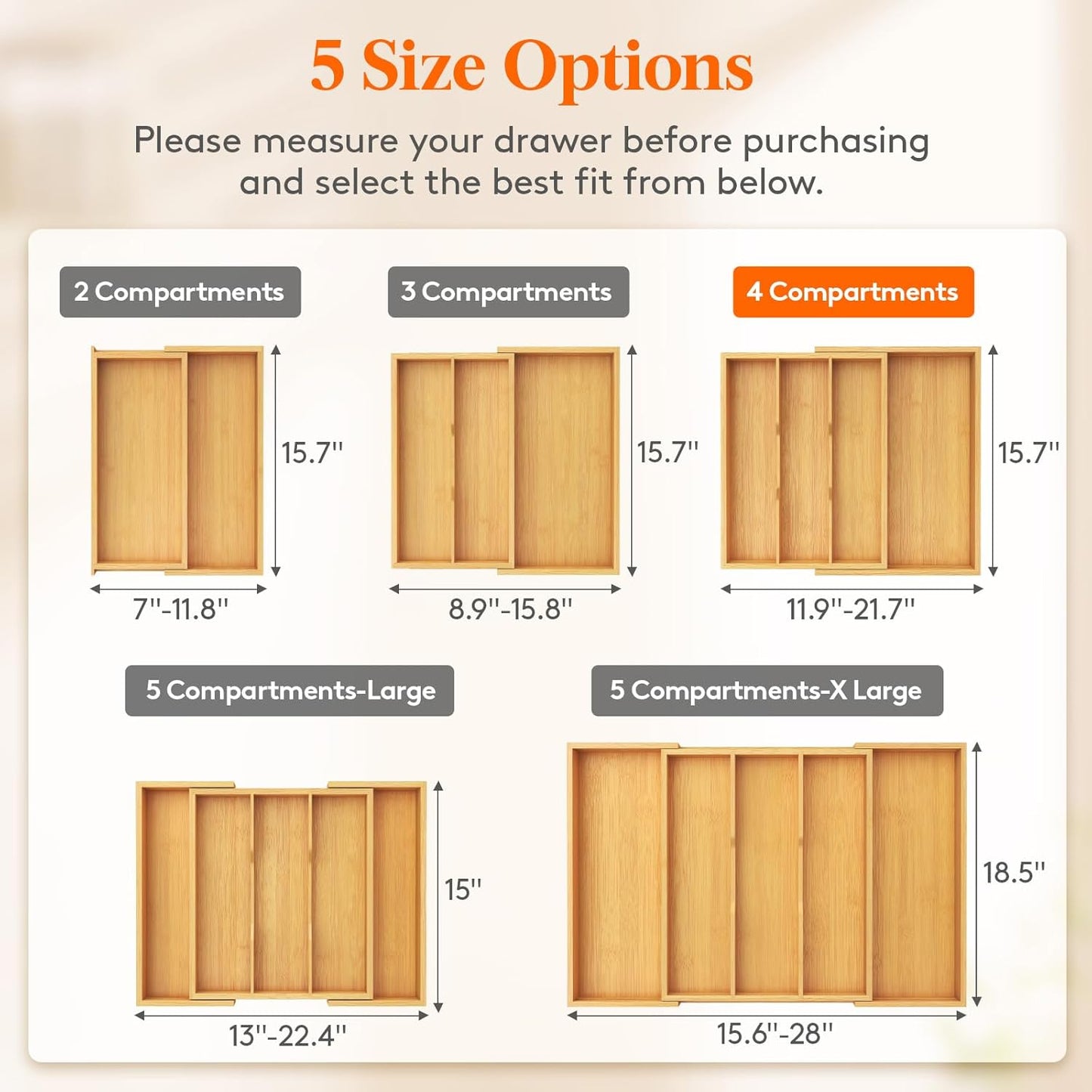 Lifewit Utensil Drawer Organizer, Expendable Cooking Silverware Tray for Kitchen Drawer, Bamboo Adjustable Cutlery Flatware Holder, Spatula Tools and Gadgets Storage Divider, 4 Compartments, Black