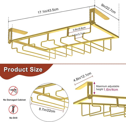 AUHOKY Adjustable Wine Glass Holder Under Shelf, Nail Free Metal Stemware Holder Storage Hanger, Hanging Wine Glasses Rack Organizer Under Cabinet Mount for Bar Kitchen (4 Rows, Gold)