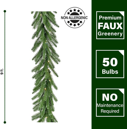 Fraser Hill Farm 9-Ft. Green Fir Garland with Warm White LED Lights | Battery Operated | Festive Christmas Holiday Decor for Fireplace Mantel, Stairway, Console Table | FFGF108GL-5GR
