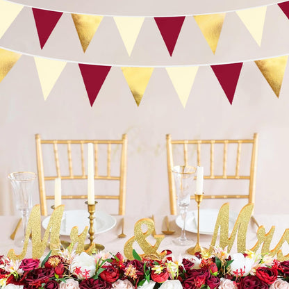 Burgundy Party Decorations Gold Maroon Beige Fabric Triangle Pennant Banner Garnet Flag Bunting Garland for Graduation Wedding Birthday Bridal Shower Bachelorette Anniversary Engagement Party Supplies