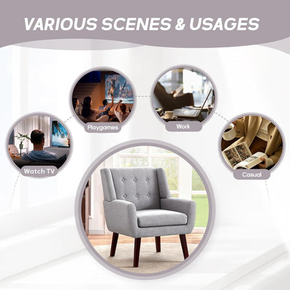 HUIMO Accent Chair Living Room Chair, Upholstered Button Tufted Armchair, Linen Fabric Sofa Chairs for Bedroom, Living Room, Mid Century Modern Comfy Reading Chair (Light Grey)