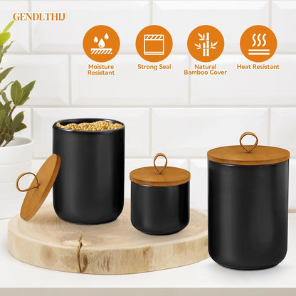 Canister Sets for Kitchen,Ceramic Kitchen Canisters for Countertop with Airtight Wood Lids for Serving Ground Coffee, Tea, Spice, Grains, Sugar, Salt (Black Pack of 3 (8.7/27/44 Oz))