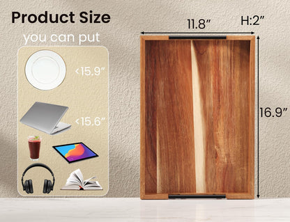 Acacia Wood Serving Tray with Metal Handles,17x12in Ottoman Decorative Trays Platter for Coffee Table,Living Room,Bar,Party(Large)