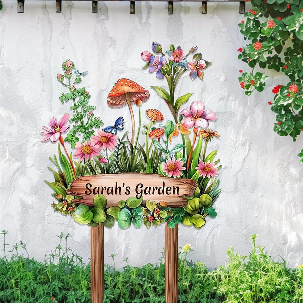 Personalized Mushroom Metal Sign with Stake,Custom Gardener Last Name Signs Outdoor Decoration,Customized Flowers Garden Accessories Decor for Grandma,Butterfly Plaques for Patio Lawn Porch Backyard