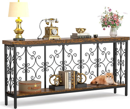 ikkle 70.9" Extra Long Console Table, Industrial Narrow Sofa Table Behind Couch with 2 Tier Storage Shelf, Entryway Hallway Accent Table for Living Room, Foyer, Rustic Brown