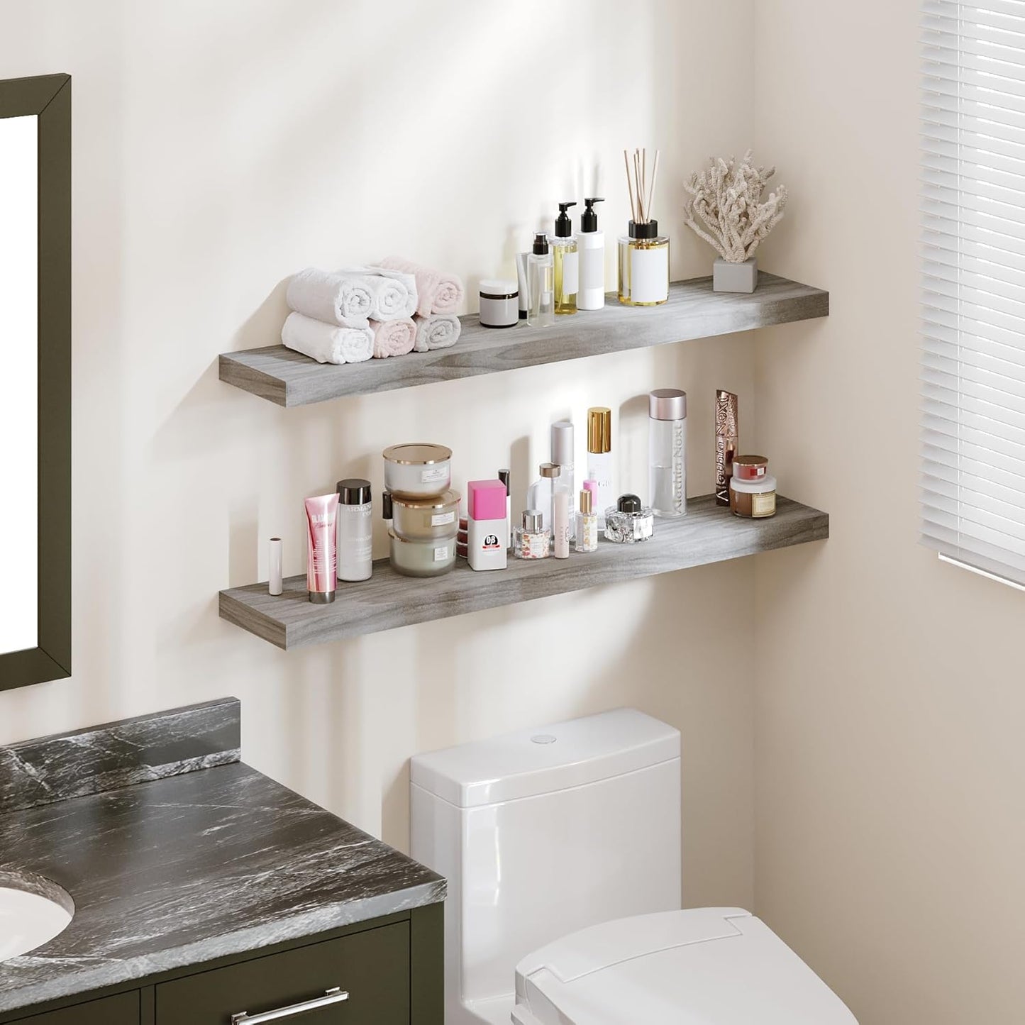 BAMEOS Floating Shelves, Walnut Wall Mounted Wooden Shelves with Invisible Brackets Set of 2, Hanging Wall Shelves Decoration for Bedroom, Bathroom, Living Room and Kitchen