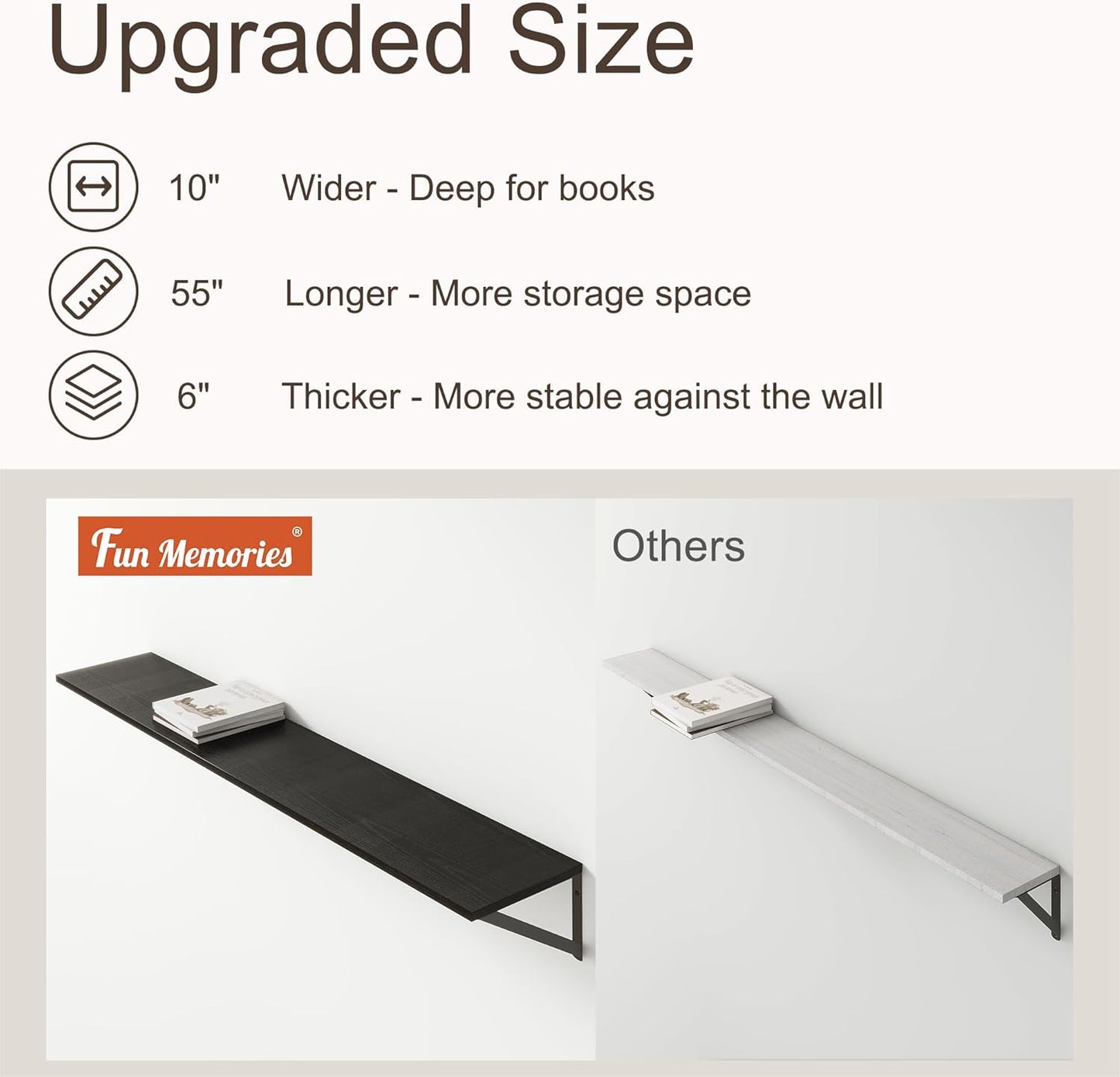 Floating Shelves 55 Inch Long, 10" Deep Floating Shelves, Black Wall Shelves 55 x 10, Set of 2, Wide Large Display Storage Shelves for Bathroom, Living Room, Rustic Wood Shelves with Brackets