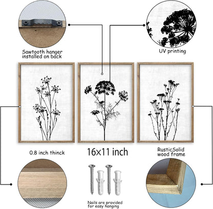 Flower Plant Wall Art Decor 16"x11" Set of 3 Black And White Botanical Painting Wood Framed For Minimalist Bedroom Office Rustic Living Room Abstract Wildflower Sign Hanging (Wood White)