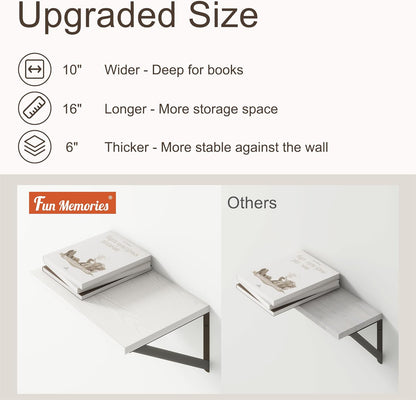 Fun Memories 10 Inch Deep Floating Shelves, White Floating Shelf 16 Inch Long, 16" W x 10" D Wall Shelves Set of 2, Deep Shelves for Books, Wide Floating Shelves for Bahtoom, Living Room, Kitchen