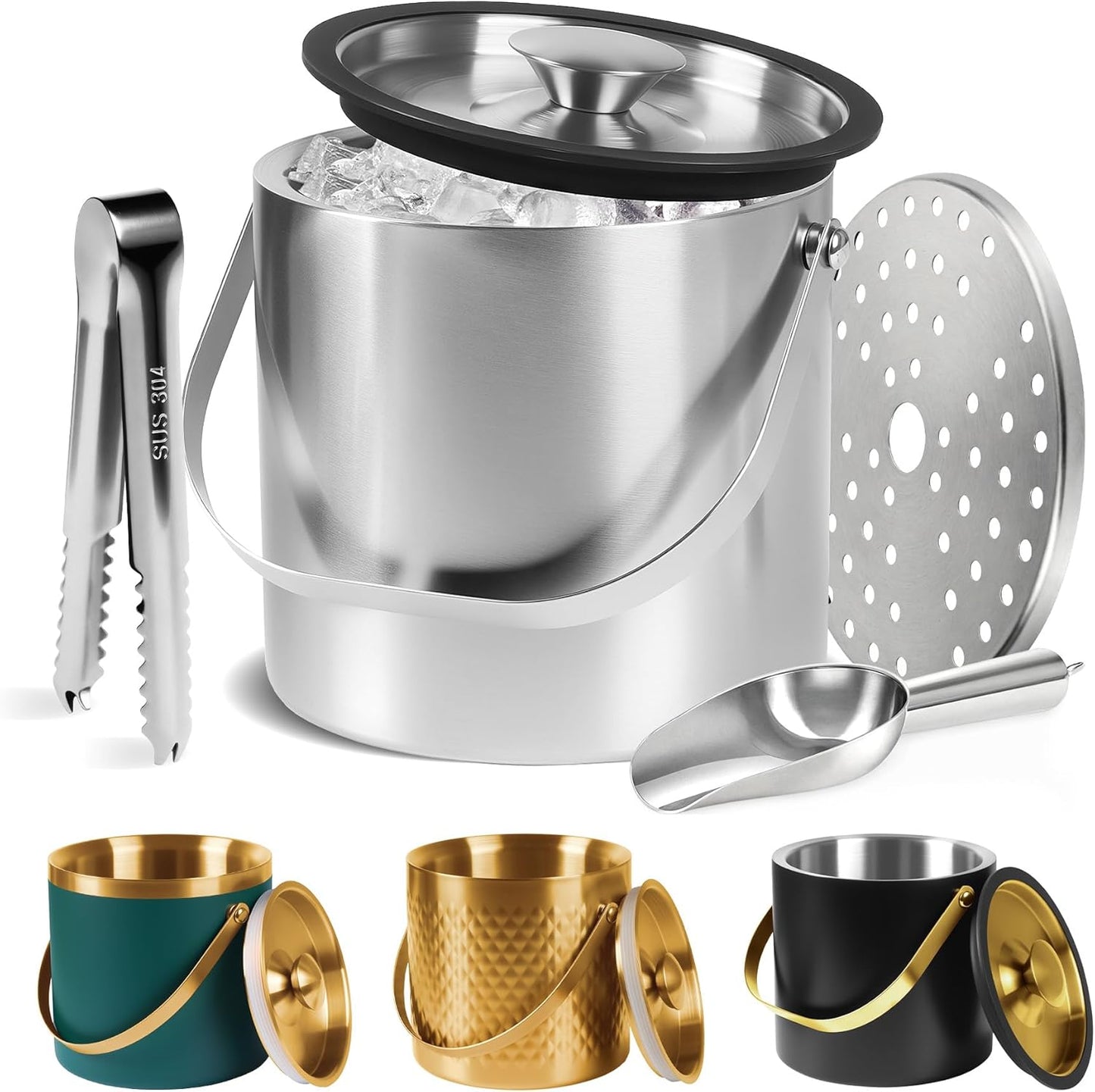 Ice Bucket, Ice Bucket with Silicone Sealing Ring Double-Wall Vacuum Insulation Champagne Buckets with Filter Layer Ice Tongs Ice Scoop (Silver, 4 L)