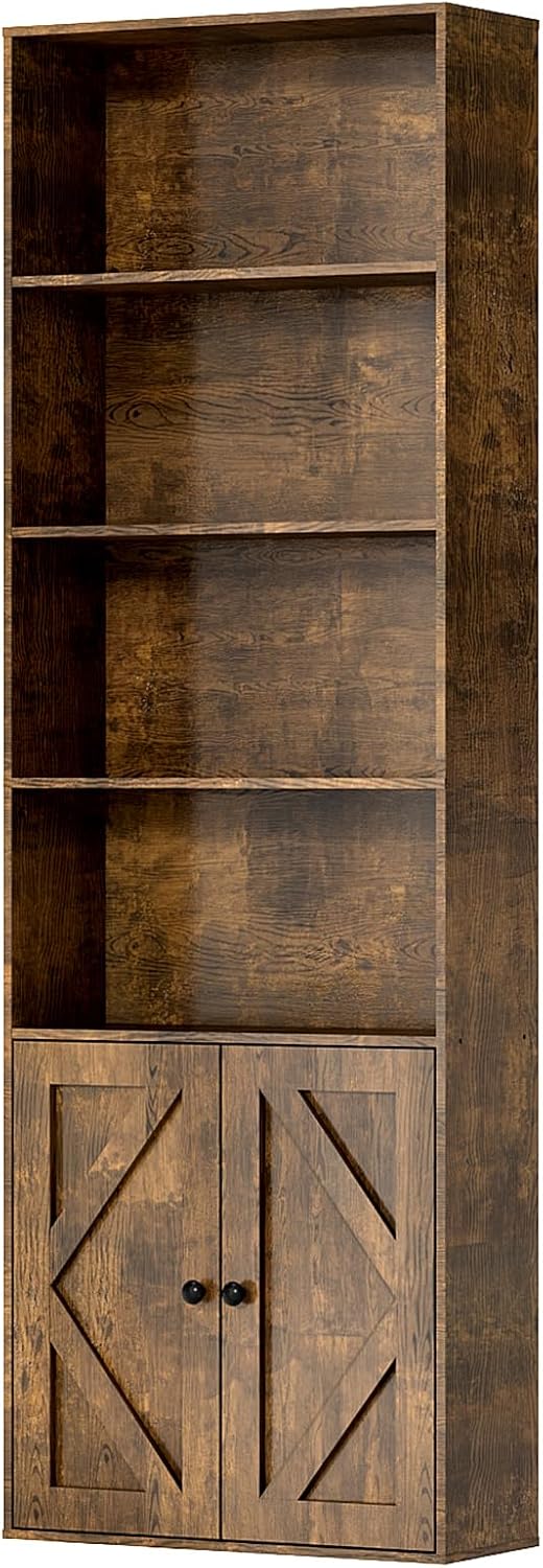 Tall Brown Wooden Bookshelf with Cabinet and Doors – 70.86" Bookcase with Doors, 6 Shelf Freestanding Tall Book Shelf for Living Room Storage, Bedroom, Home Office Organization – Brown Bookcase Wood