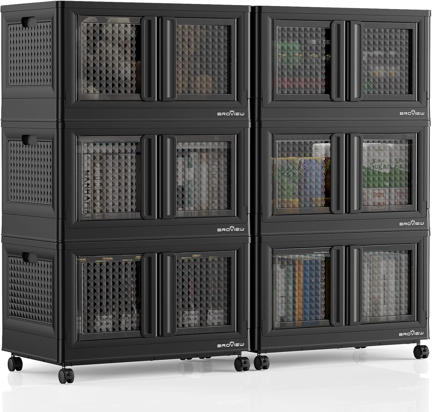 600Qt Stackable Storage Bins with Lids, 150Gal Closet Organizers and Storage Drawer, Plastic Collapsible Storage Bins with Doors, Heavy Duty Store Box Cabinet for Home Kitchen, 6Pack Black