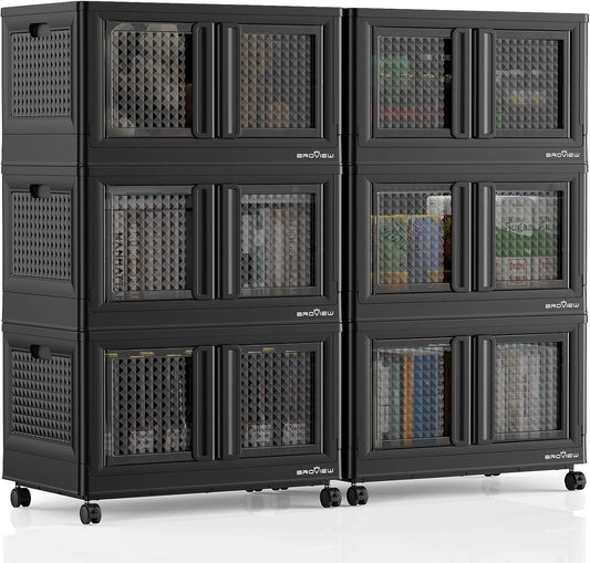 600Qt Stackable Storage Bins with Lids, 150Gal Closet Organizers and Storage Drawer, Plastic Collapsible Storage Bins with Doors, Heavy Duty Store Box Cabinet for Home Kitchen, 6Pack Black