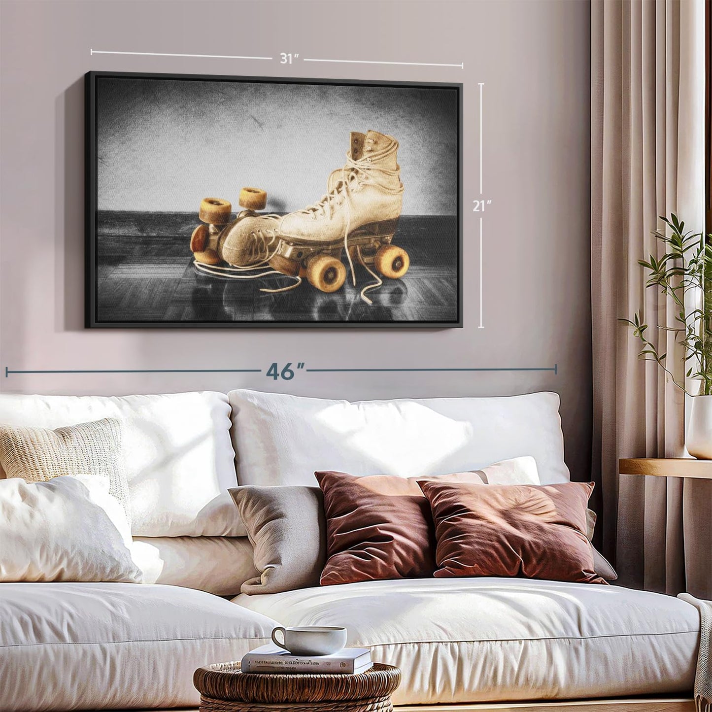 ElephantStock Vintage Skates Pop Wall Art - Horizontal Framed Canvas - 1-Piece Living Room Wall Decor - Sport Photography Canvas Print - Beige and Black Decor for Wall - 31" X 21"