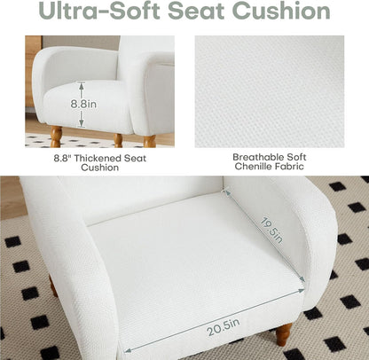 Chenille Fabric Accent Chairs Set of 2, Upholstered Armchair with Solid Wood Legs, Modern Living Room Accent Chair, Comfy Single Sofa Reading Club Chair for Bedroom Reception Lounge, White