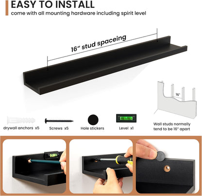 Fun Memories Picture Ledge Shelves Set of 2, 32 Inch Rustic Wall Mounted Floating Shelves with Lip for Home Storage and Décor in Bathroom, Kitchen, Nursery, Bedroom, Living Room, Black