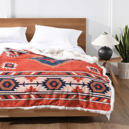 Luxury Plush Faux Fur Throw Blanket with Aztec Pattern, Super Warm, Fuzzy, Elegant, Fluffy Decoration Blanket for Couch, Armchair, Sofa and Bed, 50''x 60'', Red