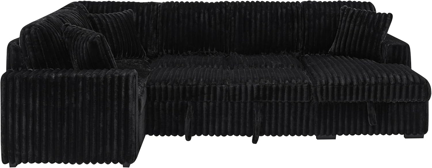 THSUPER 122-Inch Oversized U Shaped Plush Corduroy Fluffy Sectional Sleeper Sofa with Pull Out Bed, Storage Chaise Lounge and USB Charging Port - Black