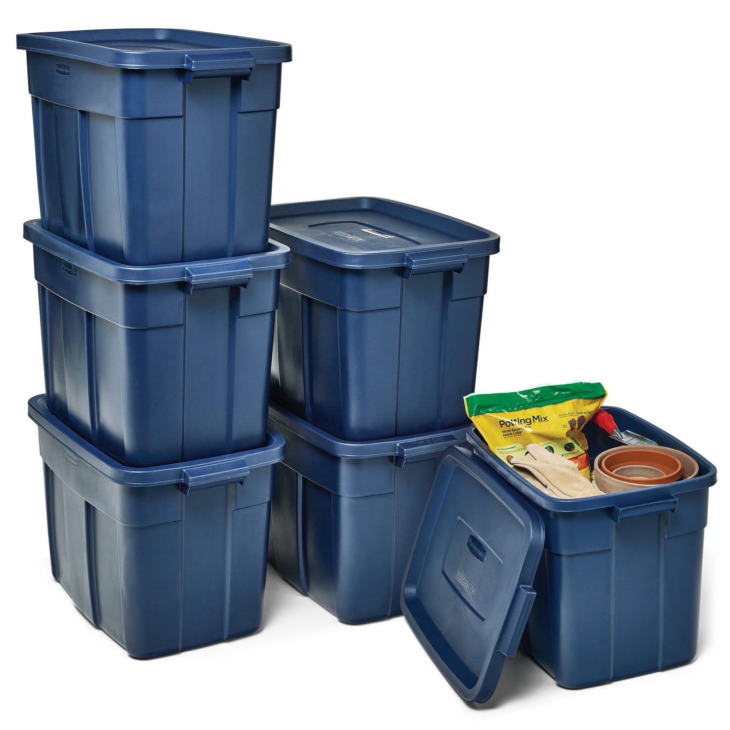 Rubbermaid Roughneck Tote 18 Gal, 6 Pack, Made in USA, Dark Indigo Metallic, Rugged Plastic