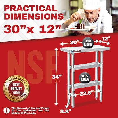 DuraSteel Food Prep Stainless Steel Table - 30 x 12 Inch Commercial Metal Workbench with Adjustable Under Shelf - NSF Certified - for Restaurant, Warehouse, Home, Kitchen, Garage