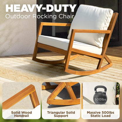 IDZO Club Rocking Chair 500lbs Capacity with Inclined Backrest, Thick Foam Cushion, Solid Acacia Wood Rocker for Patio, Backyard, Balcony, Porch