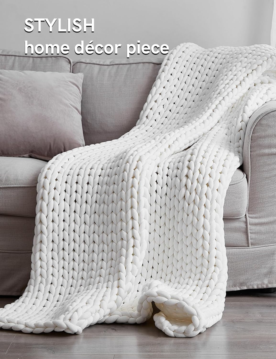 YnM Chunky Throw Blanket, Medium-Weight, Hand Knitted, Skin Friendly, Ventilated and Breathable, Machine Washable, Home Décor Piece for Couch, Sofa and Bed (White, 50x70 Inch)