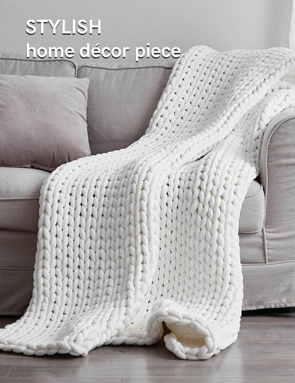 YnM Chunky Throw Blanket, Medium-Weight, Hand Knitted, Skin Friendly, Ventilated and Breathable, Machine Washable, Home Décor Piece for Couch, Sofa and Bed (White, 40x50 Inch)